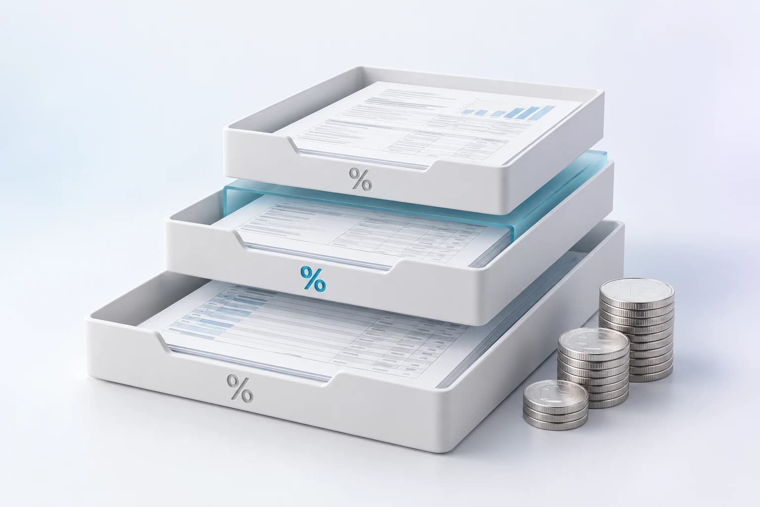 Three levels with tax documents, percentage signs and coins representing the Swiss tax system