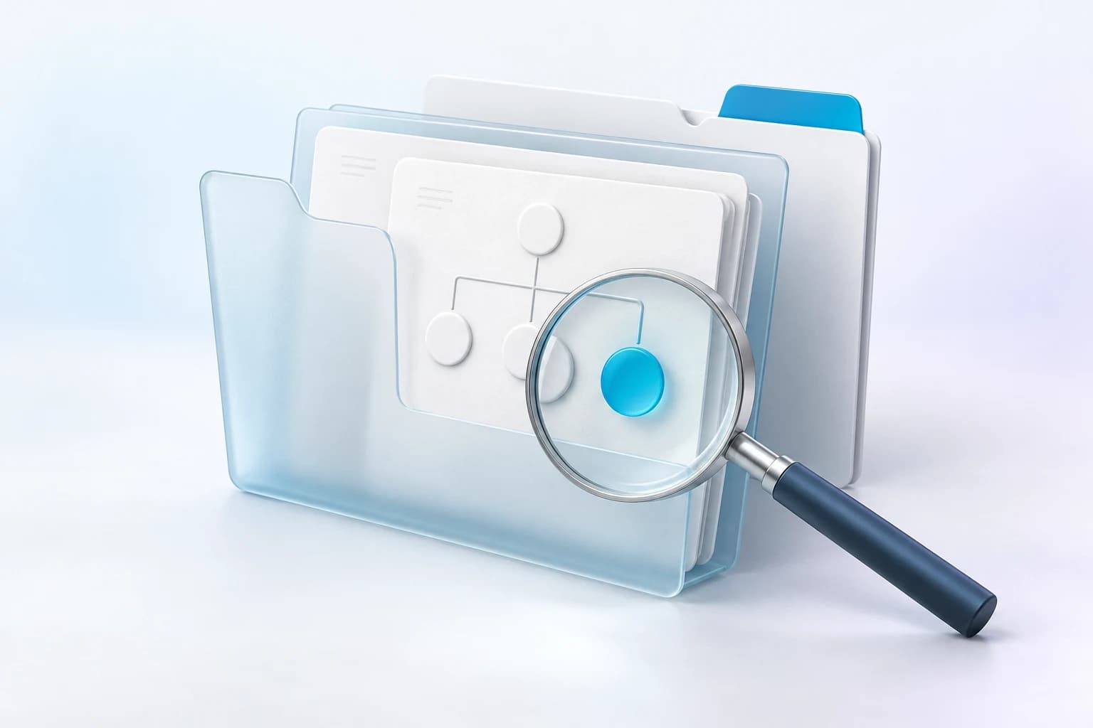 Transparentes Register mit Beteiligungsstruktur und Lupe auf einem hervorgehobenen Eigentümer