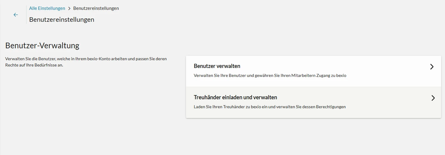 Benutzereinstellungen in bexio mit dem Eintrag «Treuhänder einladen und verwalten»