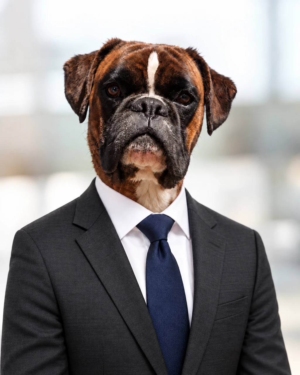 Photomontage of Harvey in a dark suit and tie