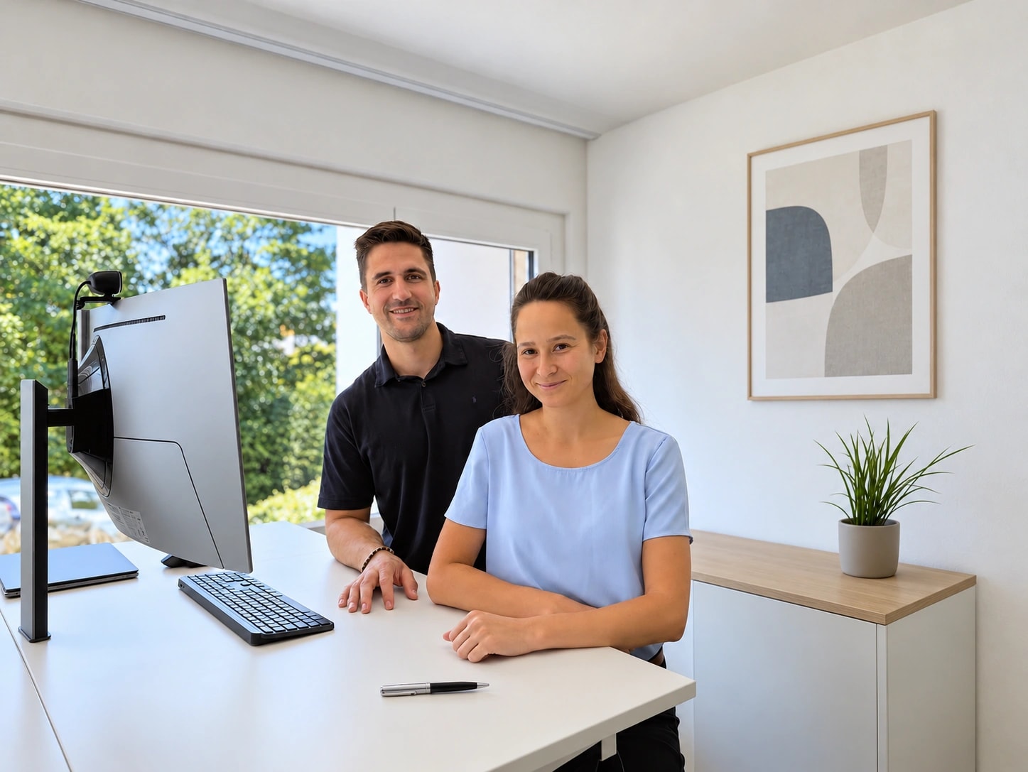 Melanie Giang und Silvio Börlin, Gründerin und Gründer der Onaccounting AG, am Schreibtisch im Büro